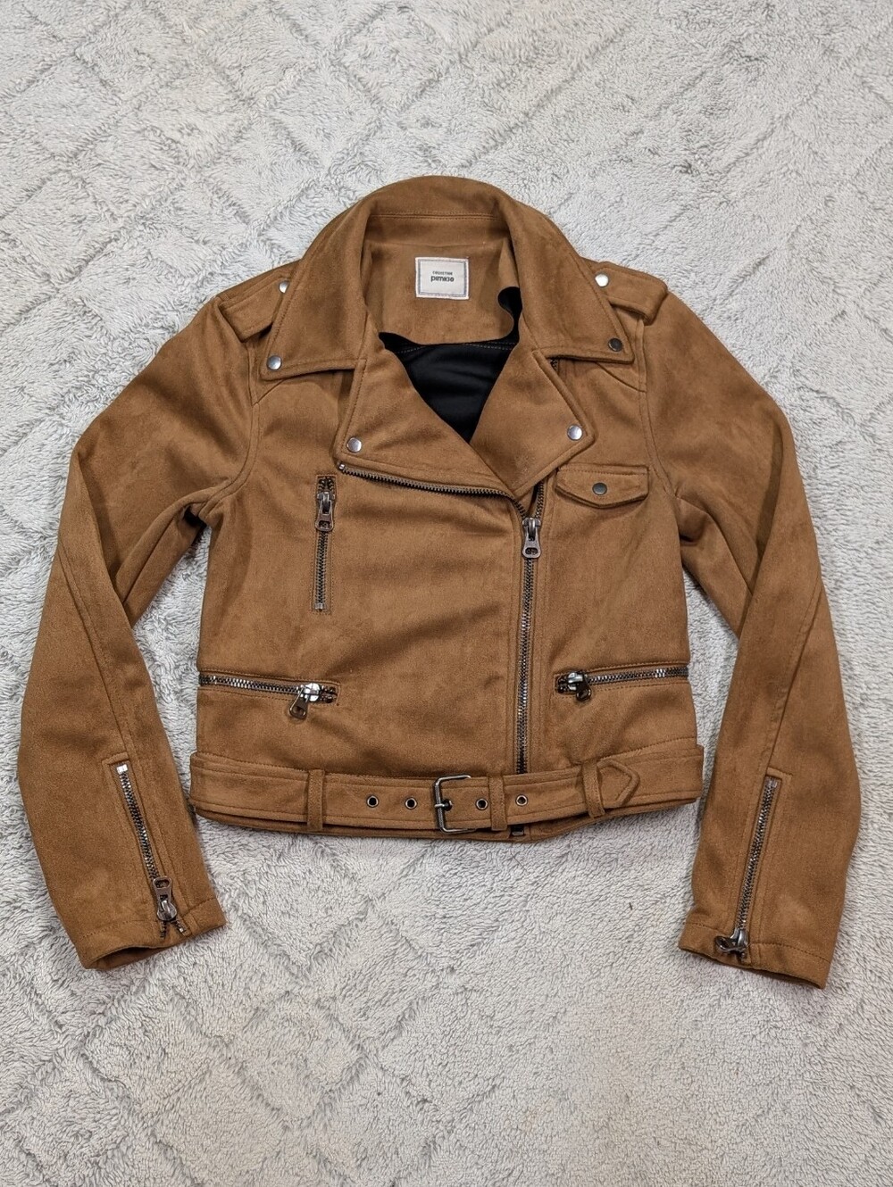 Pimkie Jacket Womens S Brown Tan Faux Suede Biker Moto Asymmetrical Zip Belt